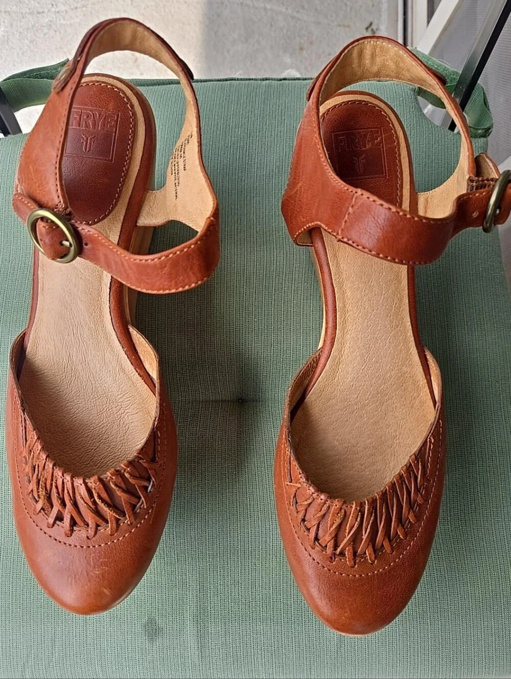 Frye Blair Cognac Leather Closed Toe Mary Jane Platform Wedges Size 10M
